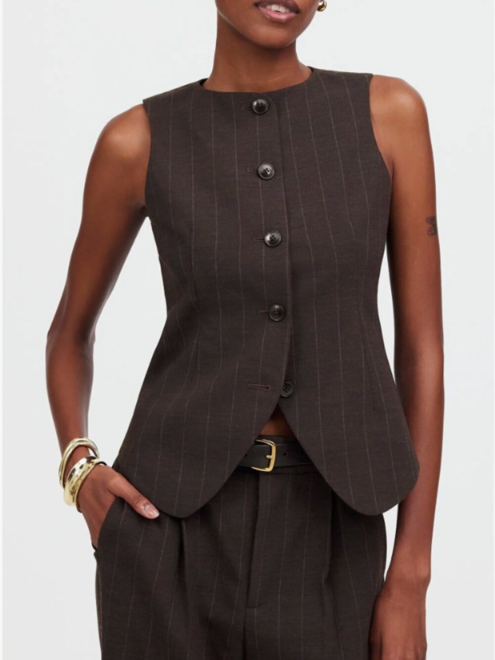 Madewell Chocolate Pinstripe Vest & Matching Wide Leg Pants Set